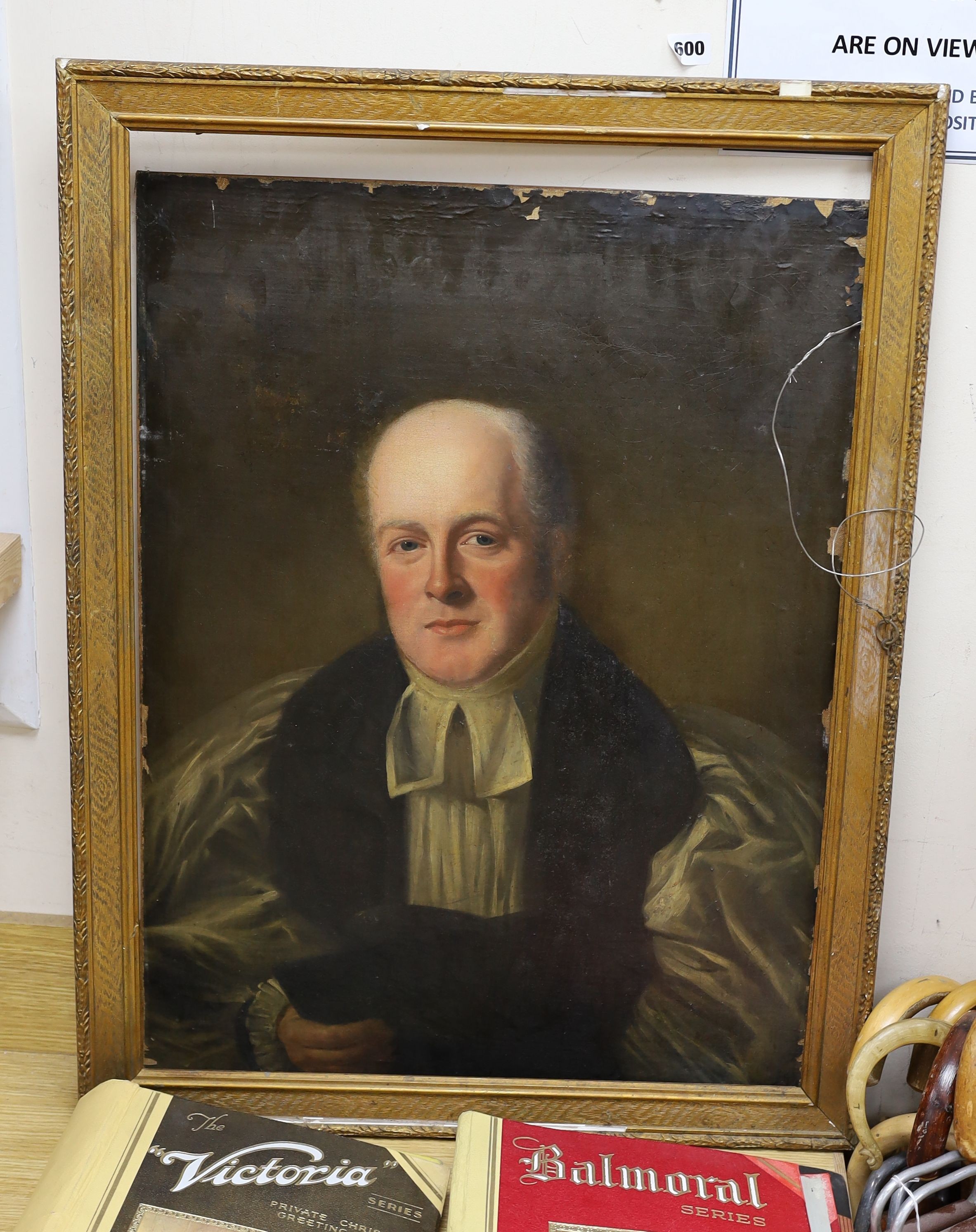 19th century English School, oil on canvas laid on board, Portrait of a clergyman, 76 x 54cm